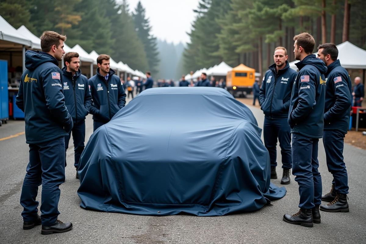 Groupe d'ingénieurs rallye autour d'une voiture prototype couverte