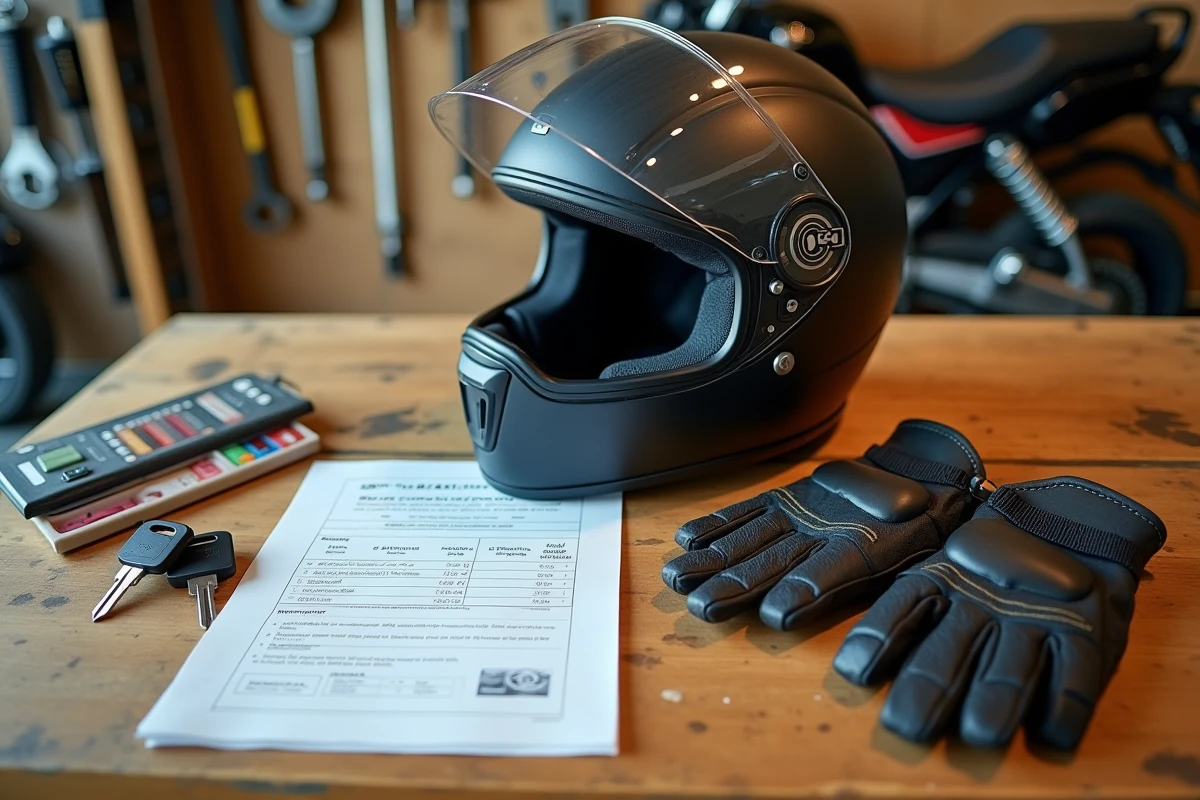 Équipement moto 50cc posé sur une table en bois avec fiche de comparaison de prix neuf et occasion pour adolescent de 14 ans