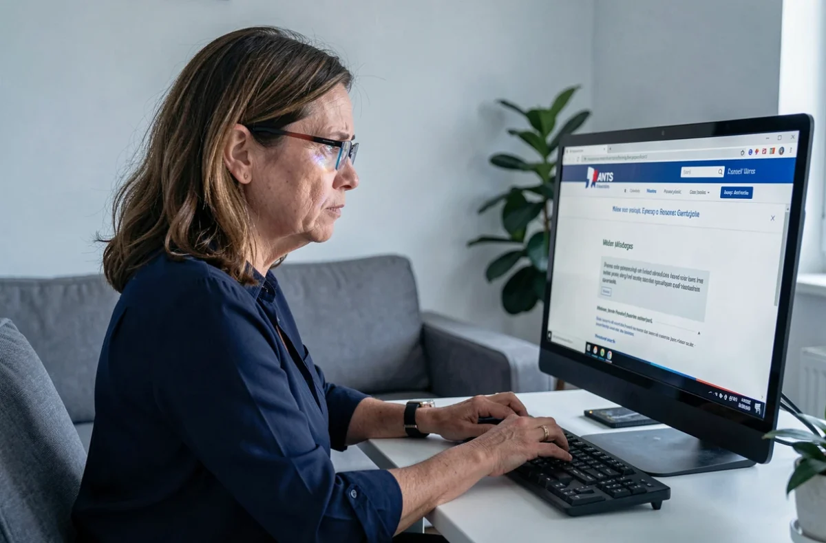 Femme frustrée devant l'interface ANTS sur ordinateur lors de l'envoi d'un certificat de cession en ligne
