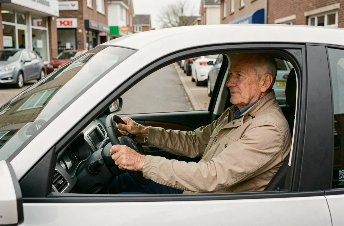 Senior effectuant un essai de voiture sans permis dans une rue calme près d'un garage
