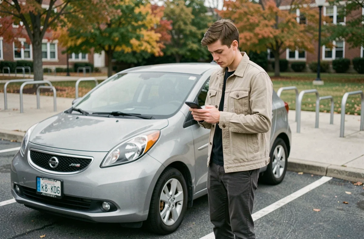 Jeune étudiant vérifiant son assurance voiture sur smartphone dans un parking universitaire