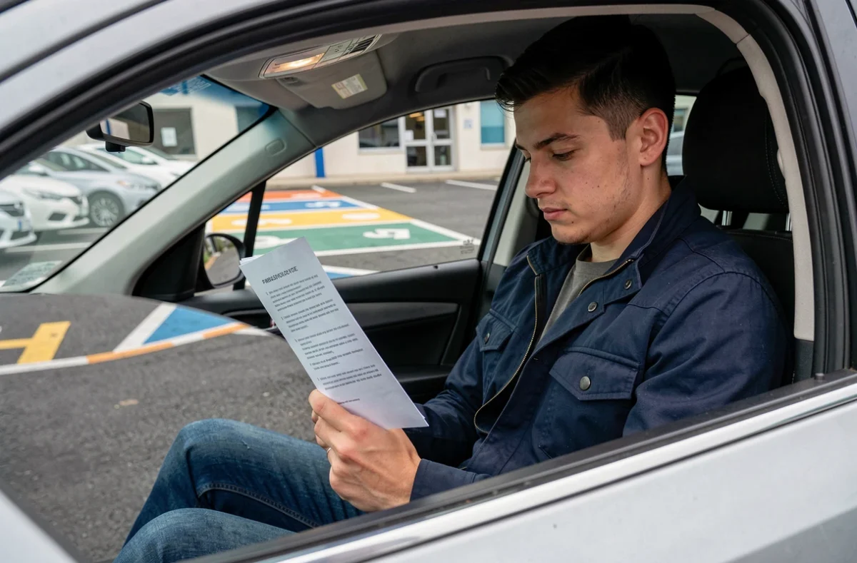 Jeune homme étudiant les questions orales du permis de conduire avec une feuille PDF à l'intérieur d'une voiture d'auto-école