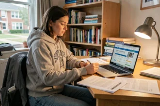 Étudiante comparant les prix d'assurance voiture sur son ordinateur portable dans son appartement