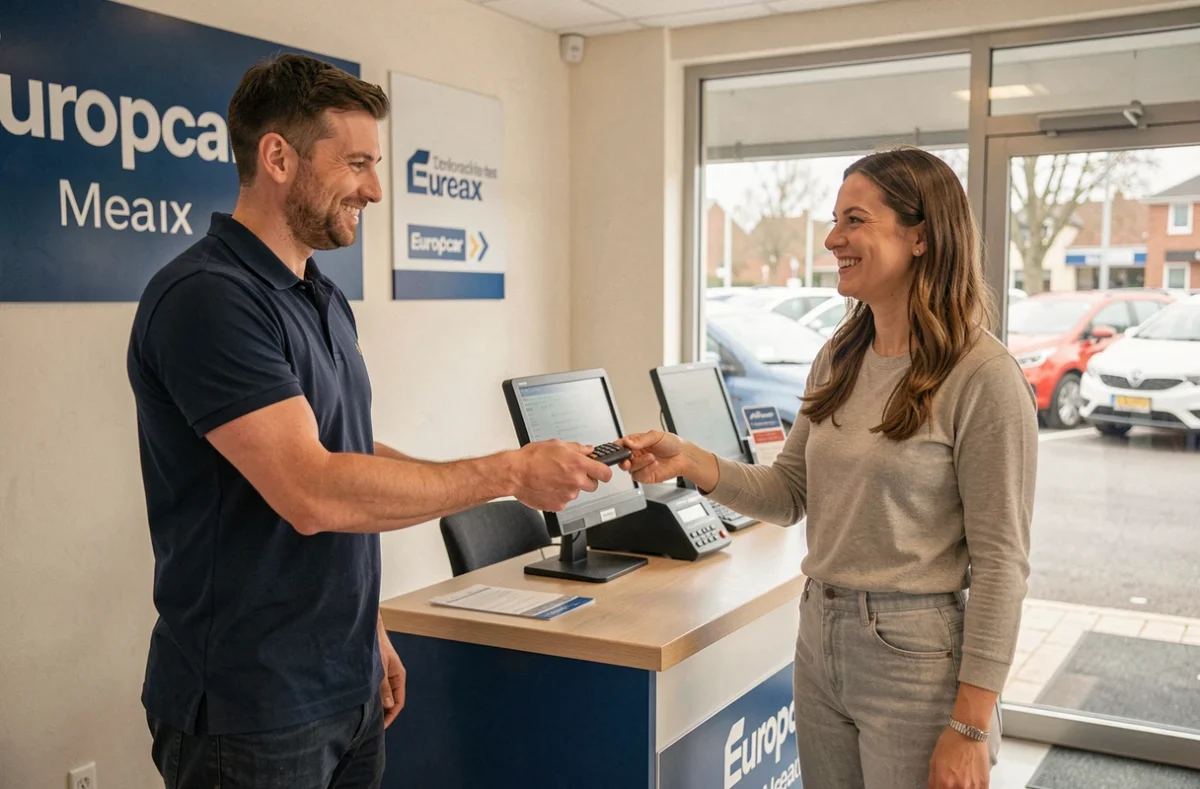 Agent Europcar Meaux remettant les clés d'un véhicule de location à une cliente souriante au comptoir de l'agence