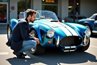 Expert automobile évaluant le prix d'une voiture Cobra réplique dans un lot de concessionnaire spécialisé