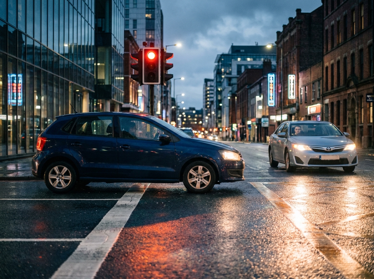 Deux voitures se croisant de nuit en ville, phares bien orientés pour éviter d'éblouir le conducteur en face