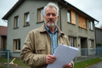 Expert en assurance inspectant une maison endommagée après sinistre avec documents de gardiennage