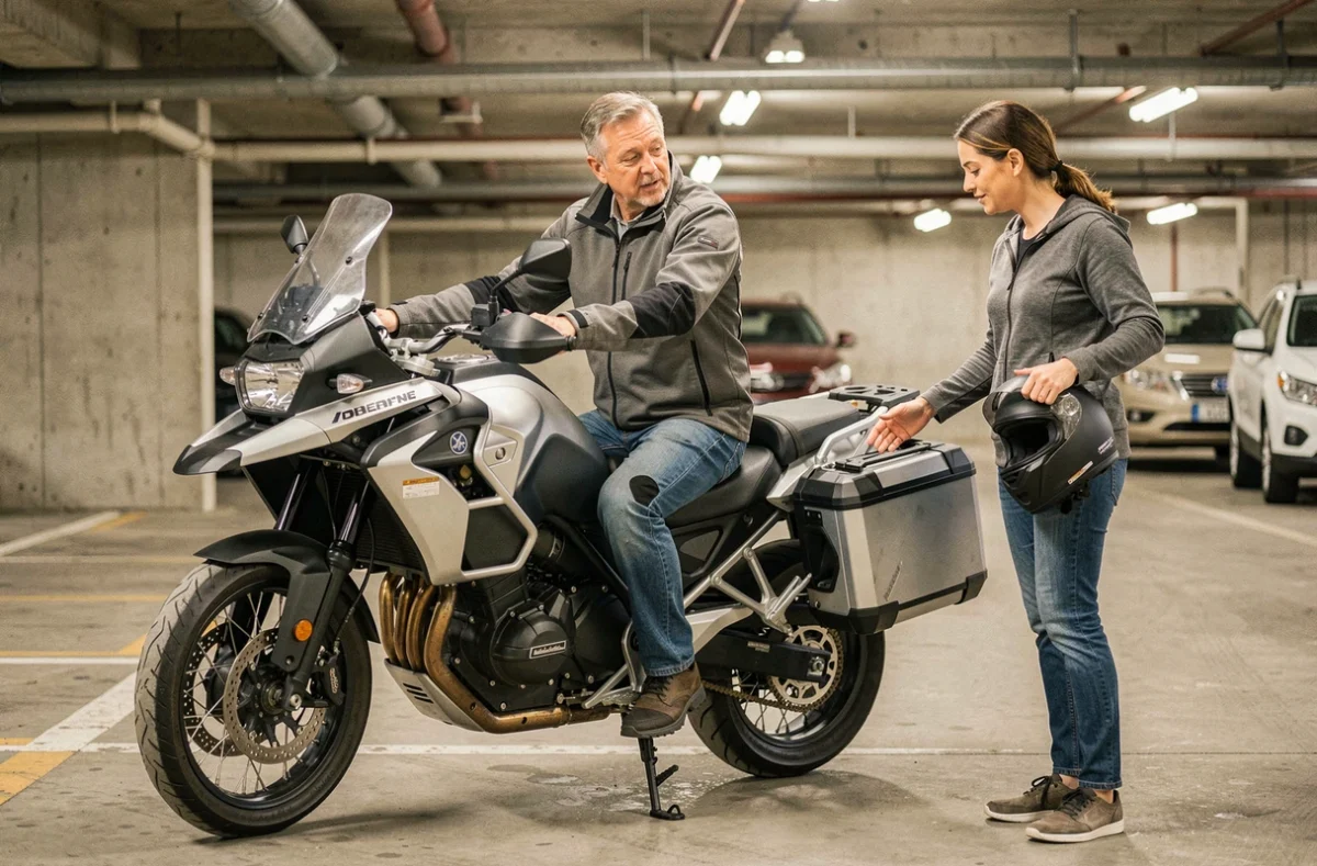 Homme expliquant les caractéristiques ergonomiques d'une moto d'aventure à une femme dans un parking urbain, focus sur le confort passager