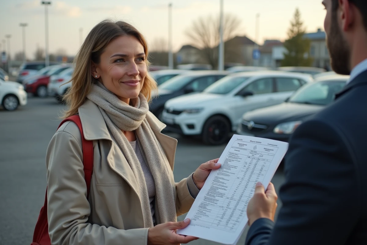 Femme discutant avec un agent de vente de voitures d