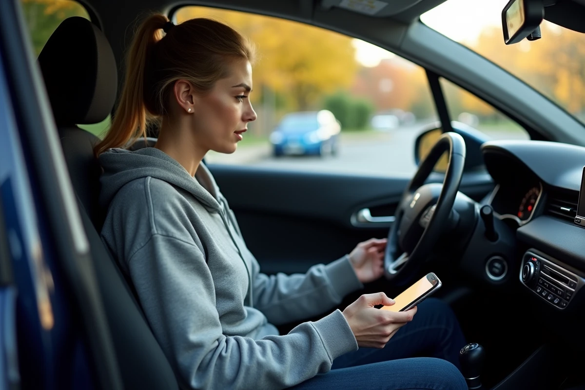 Femme utilisant une application smartphone avec un dongle OBD2 sans fil dans une Peugeot 3008 pour lire le code P0087