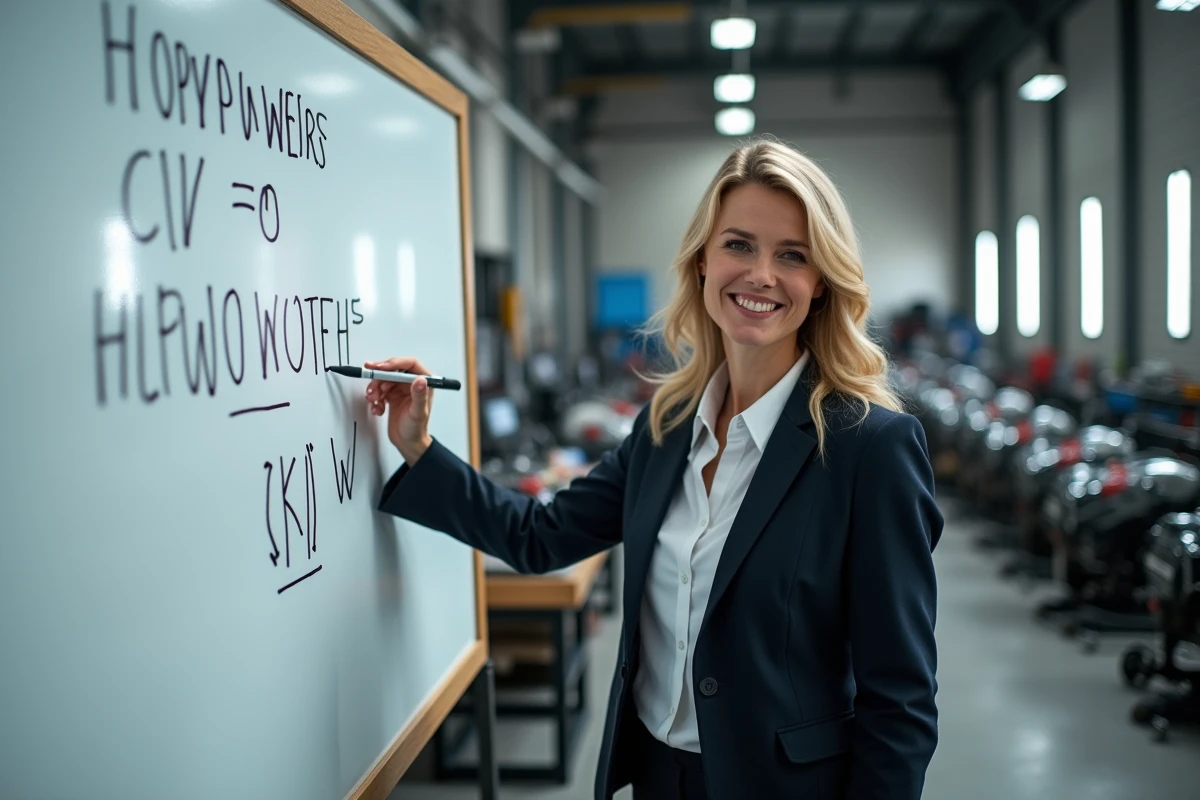 Femme en atelier automobile pointant diagramme