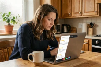 Femme consultant des avis en ligne sur une assurance auto depuis son ordinateur portable dans une cuisine moderne