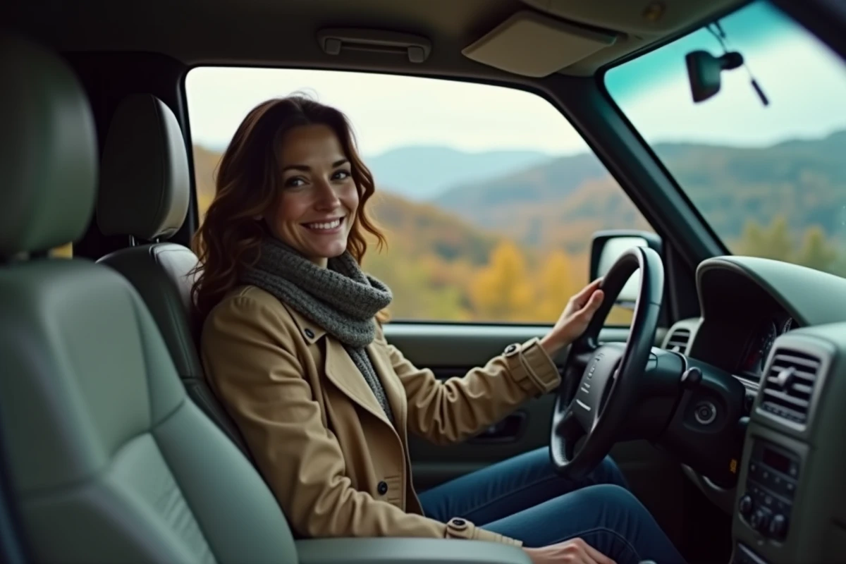 Femme dans une voiture Aztek au scenic avec vue sur la nature