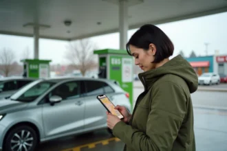 Femme consultant une carte interactive de stations E85 sur son smartphone à une station-service moderne