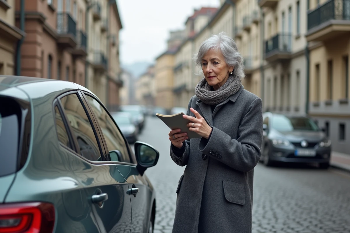 Femme debout près de sa voiture dans une rue résidentielle