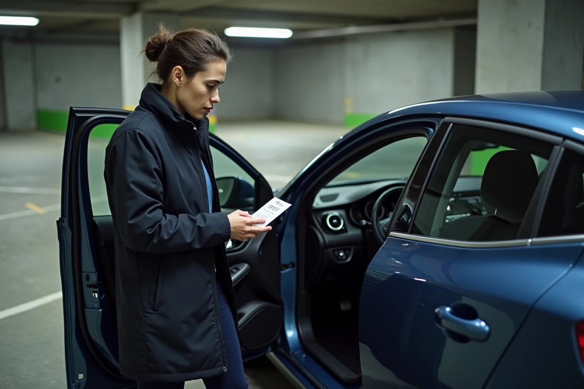 Femme consultant une carte de code radio pour autoradio Renault Megane dans un parking souterrain