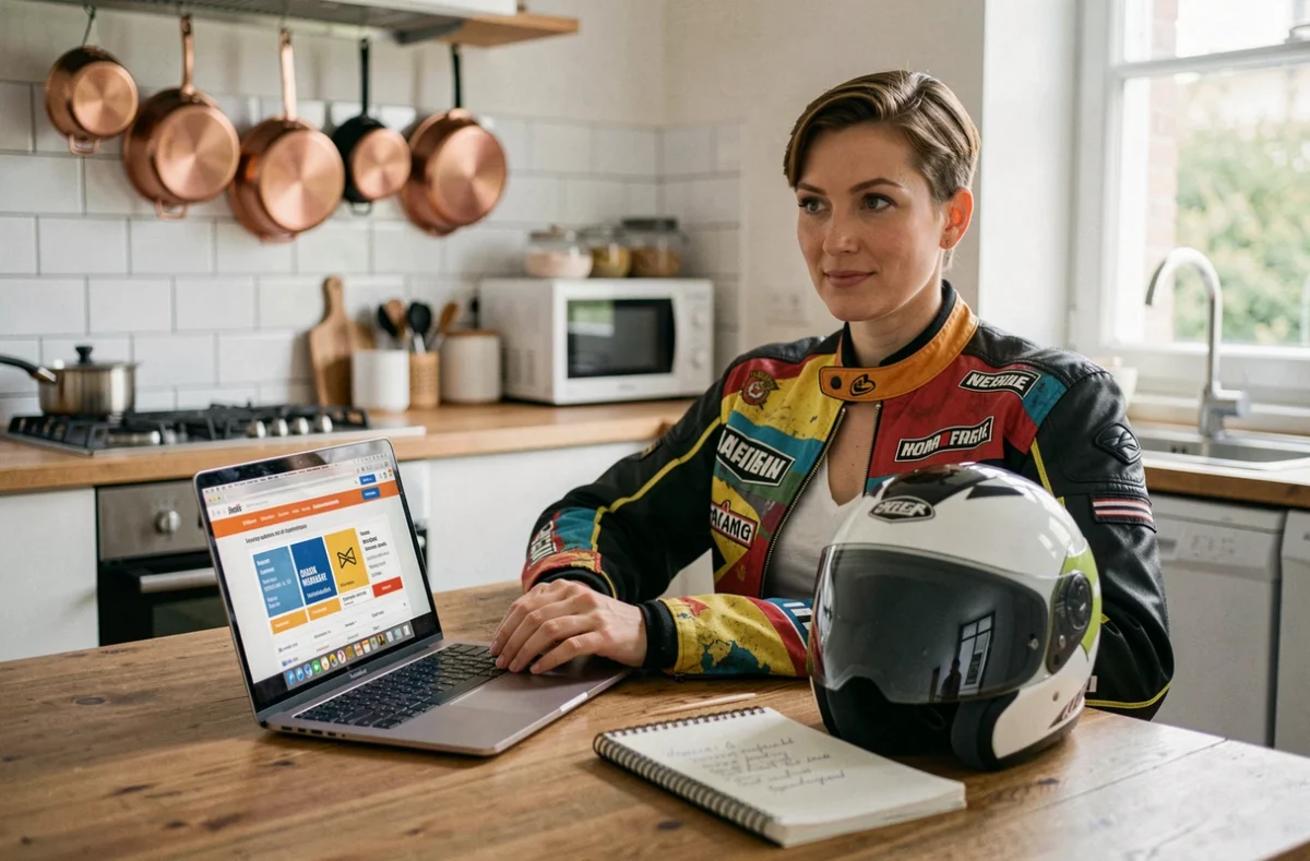 Femme comparant des offres d'assurance moto 125 sur un ordinateur portable dans une cuisine moderne