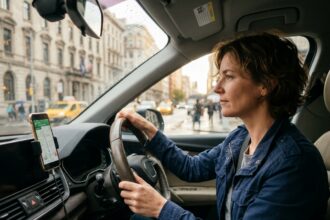Femme au volant consultant un GPS automobile monté sur le pare-brise en conduisant en ville