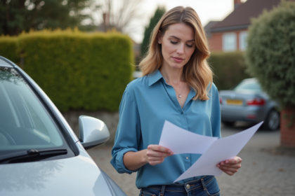 Femme confiante vérifiant documents d'assurance voiture