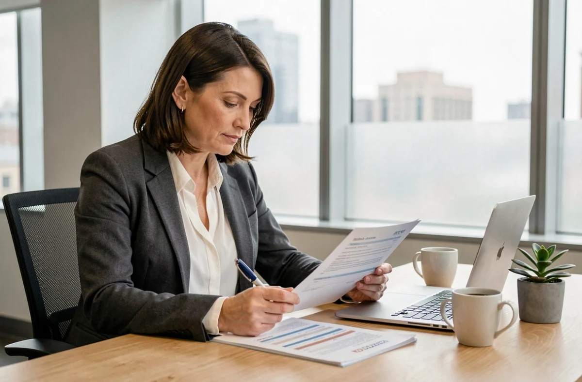 Femme lisant un contrat d'assurance auto BPCE à son bureau, comparant les garanties et les tarifs