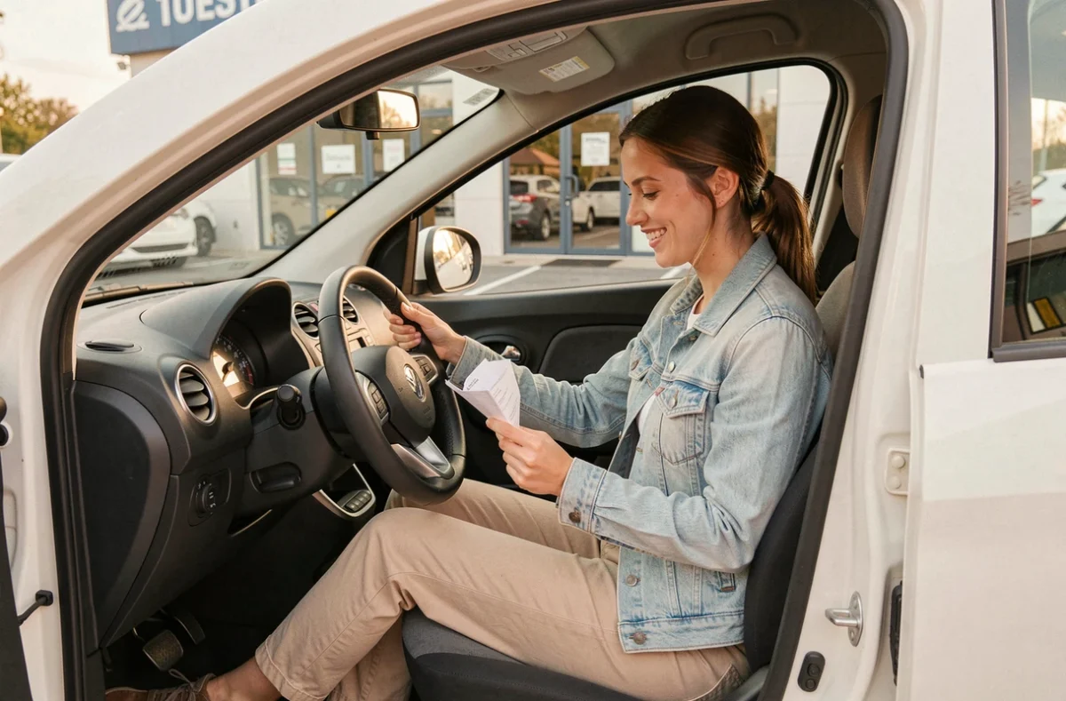 Jeune femme signant un contrat de location longue durée pour une voiture sans permis dans une agence de location