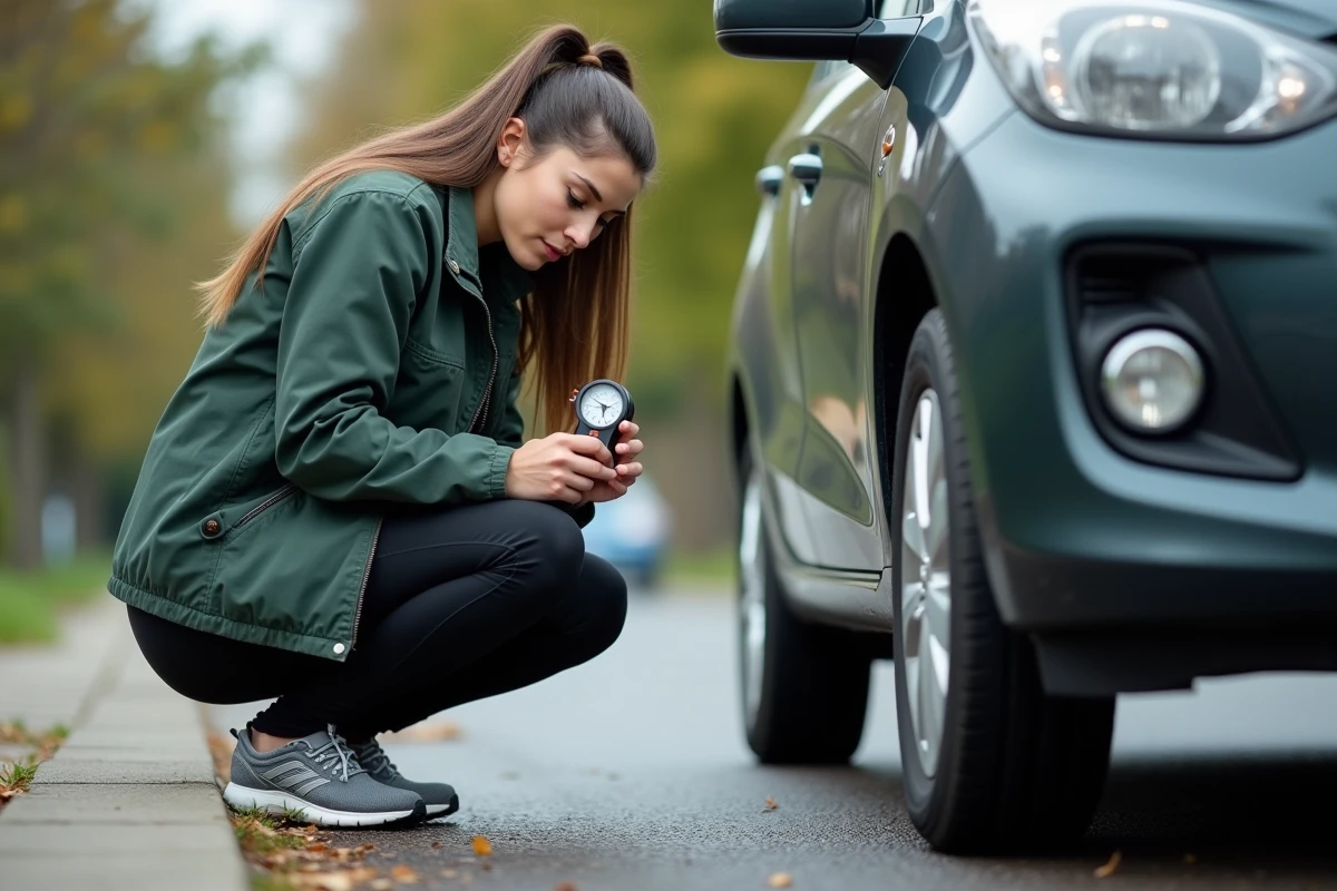 Femme vérifiant la pression d’un pneu de voiture sur le trottoir