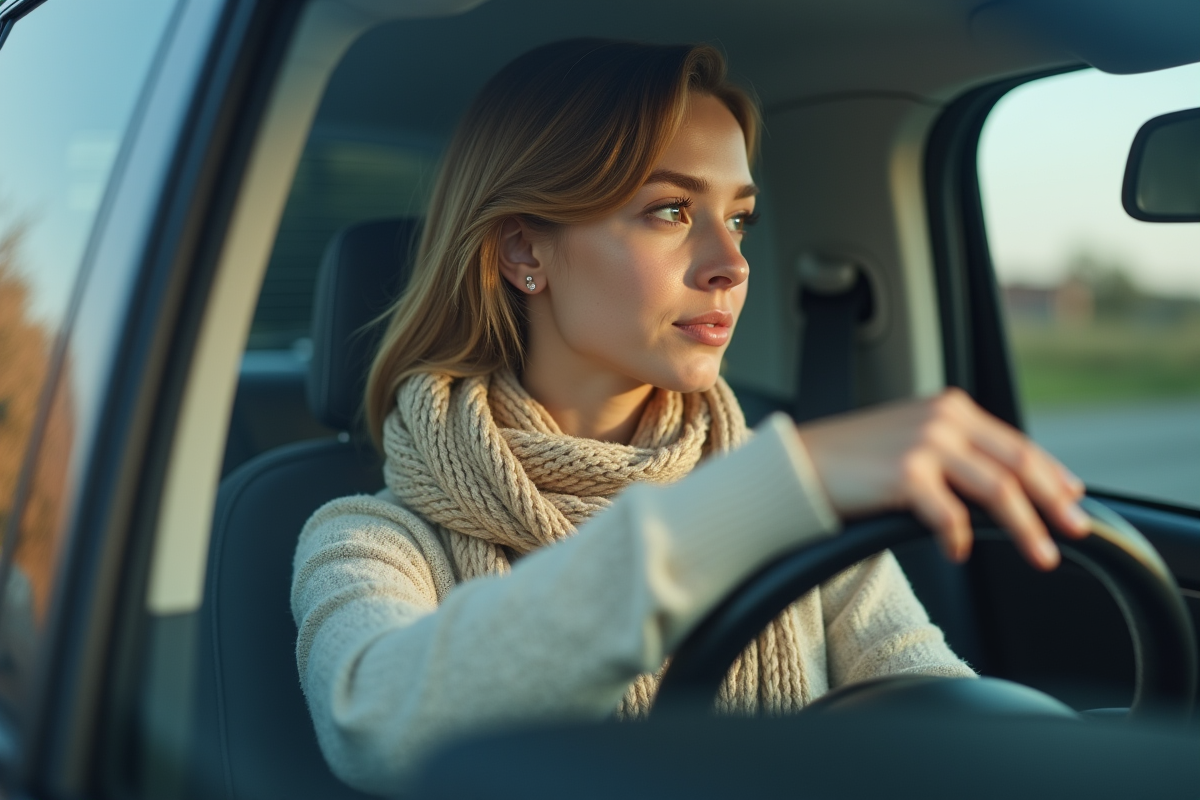 Jeune femme vérifiant son rétroviseur dans une voiture en banlieue