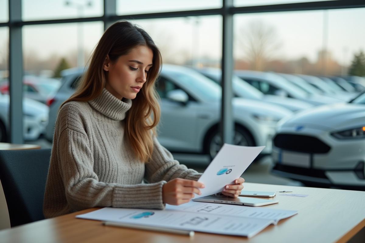 Jeune femme dans un concessionnaire examinant des brochures sur l