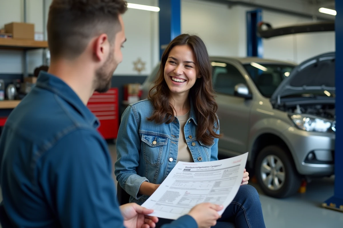 Femme riant avec un mécanicien dans un atelier automobile