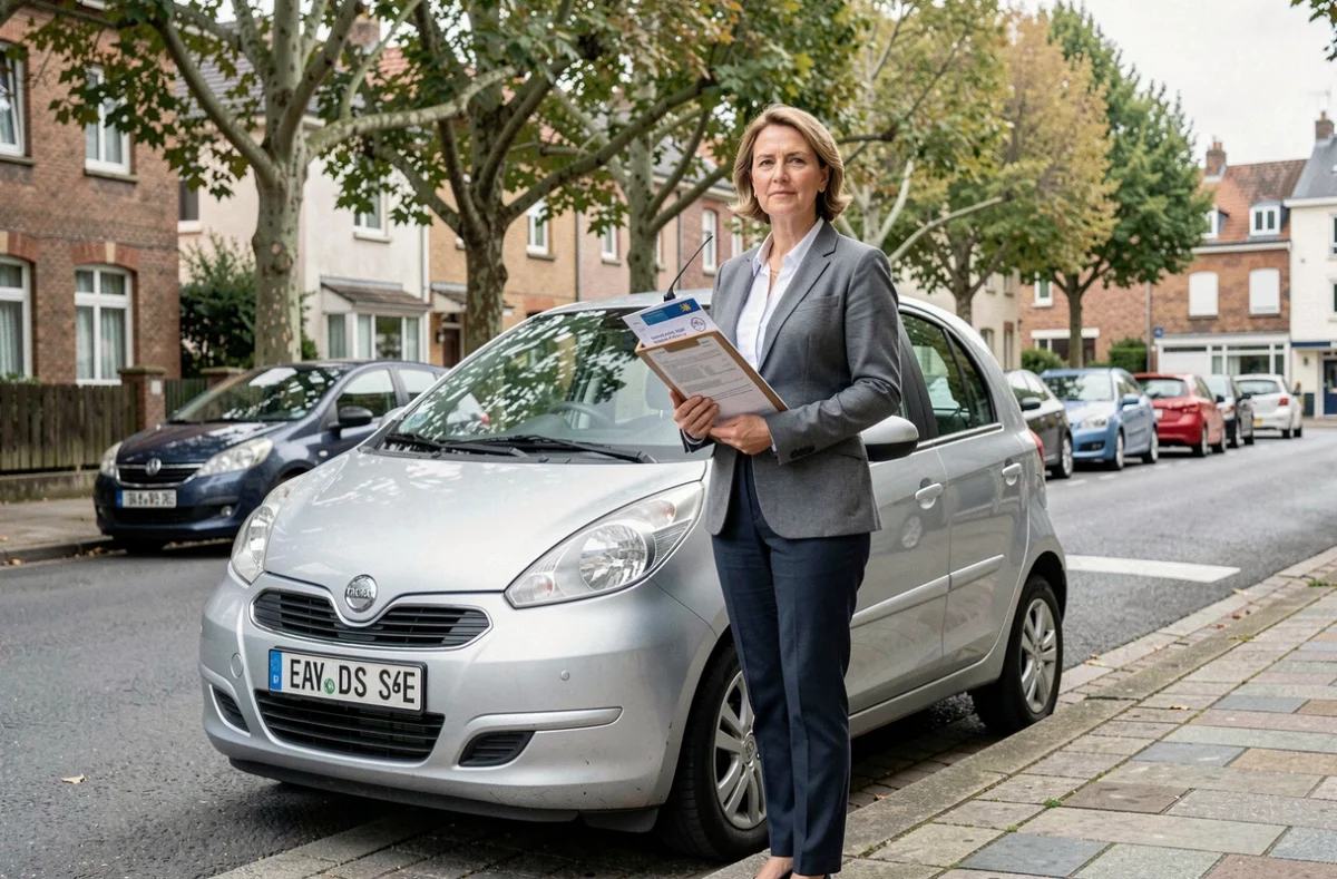 Femme tenant un dossier de documents devant une voiture d'occasion dans une rue résidentielle