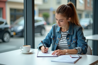 Femme en denim remplissant un dossier à l'école de conduite