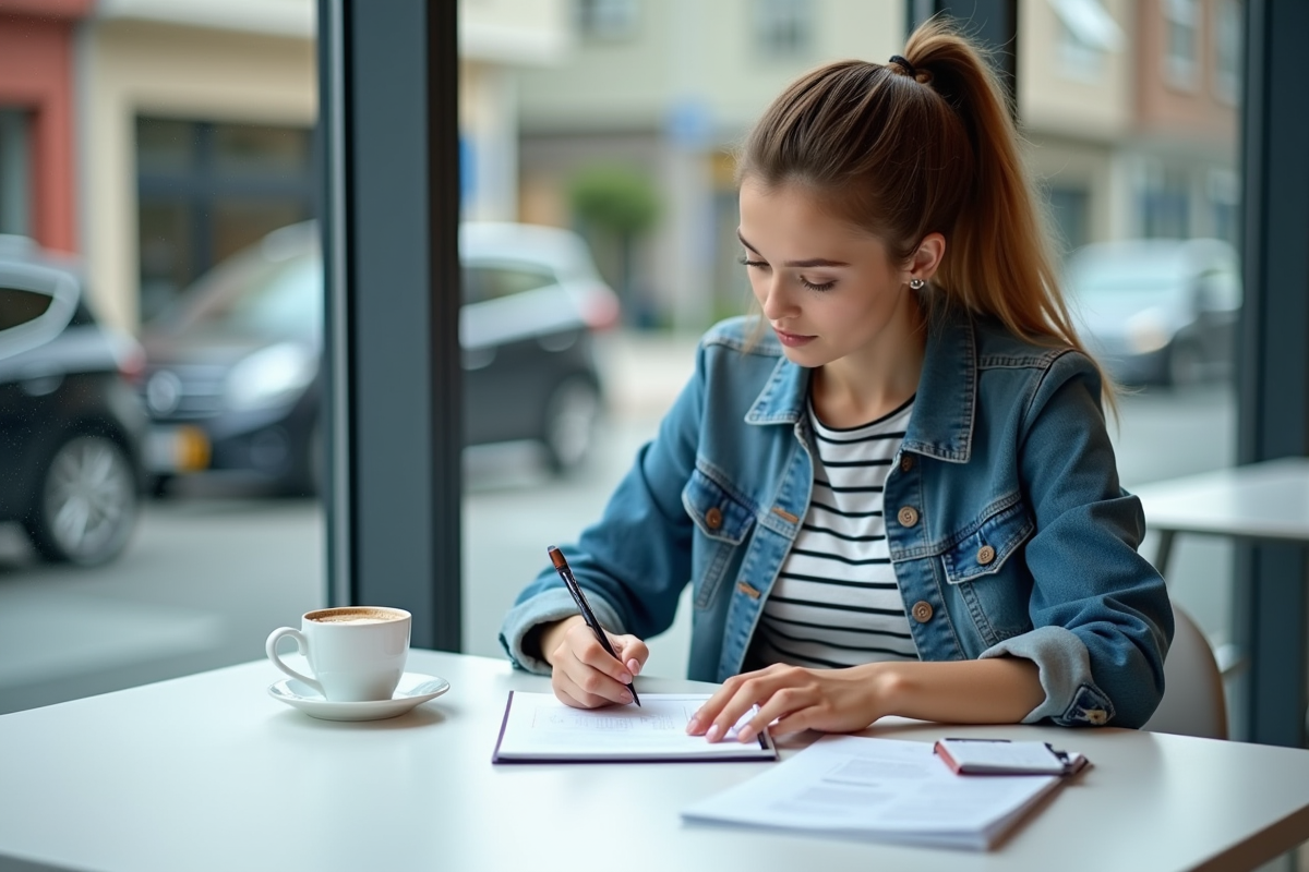Femme en denim remplissant un dossier à l'école de conduite