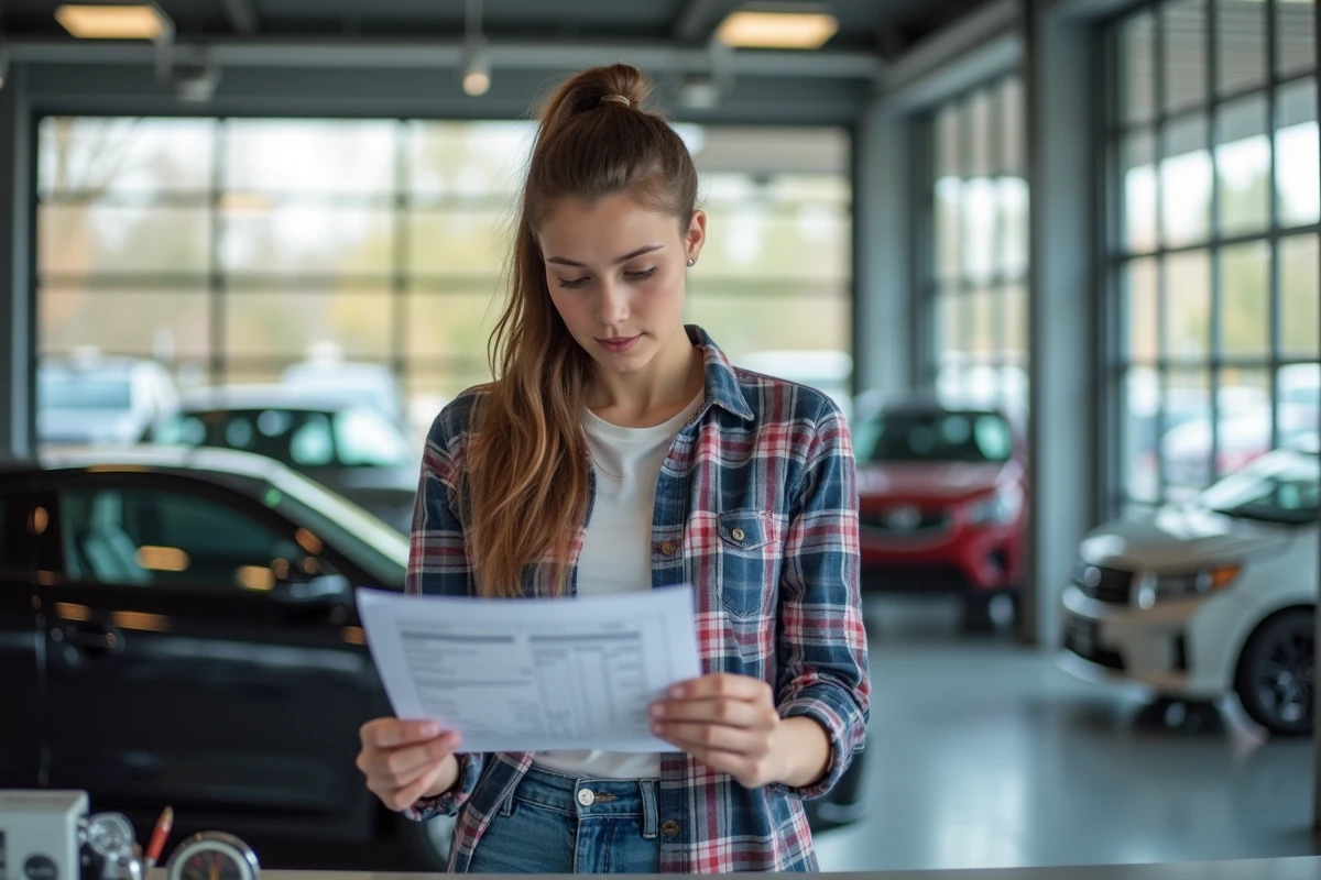 Jeune femme étudiant un devis auto dans un atelier moderne
