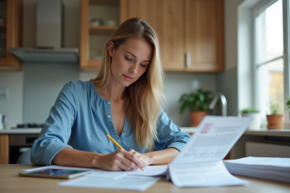 Femme remplissant des formulaires administratifs à la maison