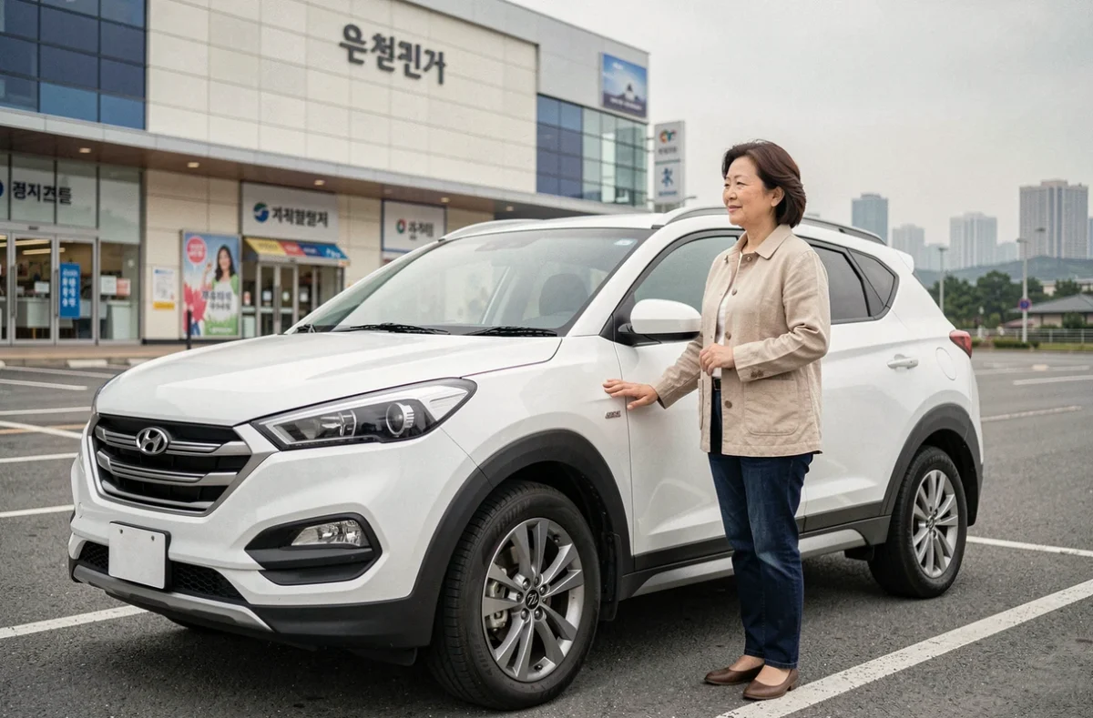 Femme debout à côté d'un Hyundai Tucson blanc dans un parking coréen, représentant la fiabilité des voitures de marques asiatiques sur le long terme