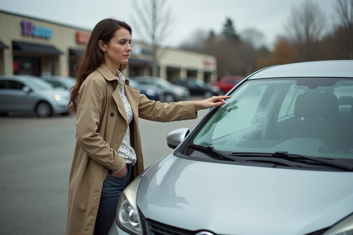 Femme montrant un impact sur le pare-brise de sa voiture dans un parking avant de prendre rendez-vous pour réparation