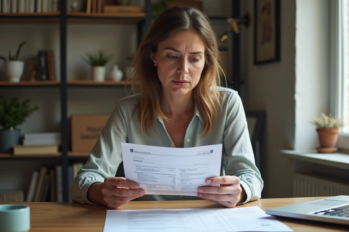 Femme lisant un avis de contravention et un certificat d'immatriculation posés sur un bureau à domicile