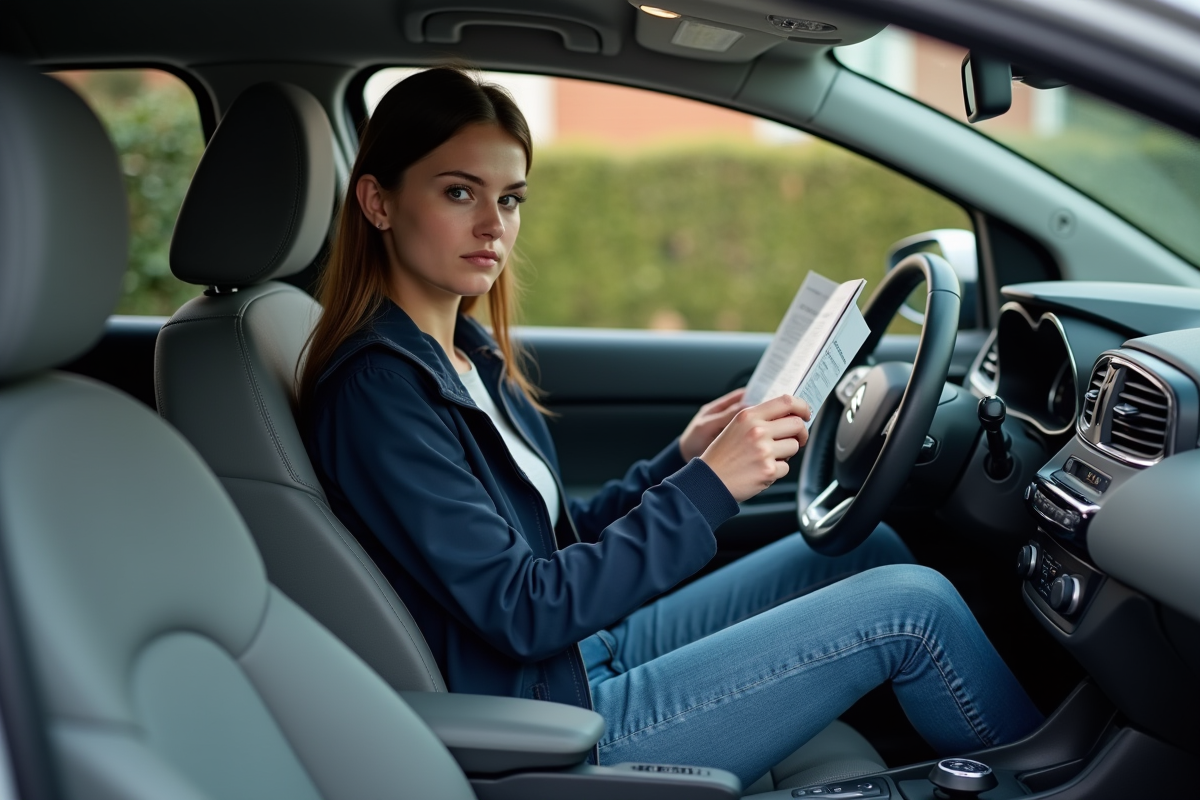 Jeune femme lisant le manuel dans une voiture Citroen