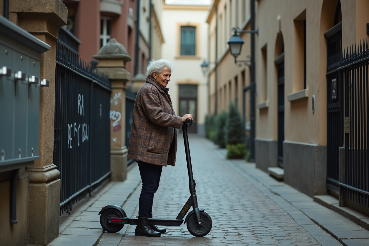 Femme âgée verrouillant son scooter dans une cour urbaine