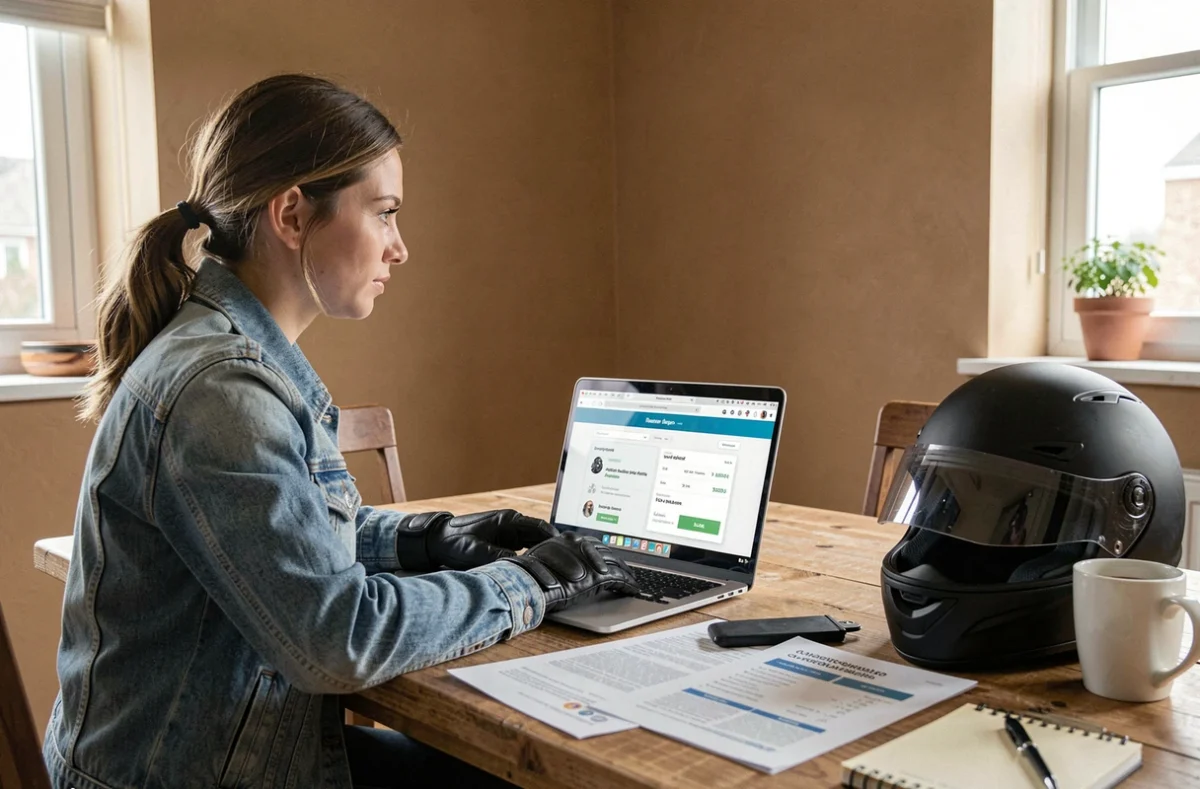 Femme motarde comparant des devis d'assurance moto sur ordinateur à la maison