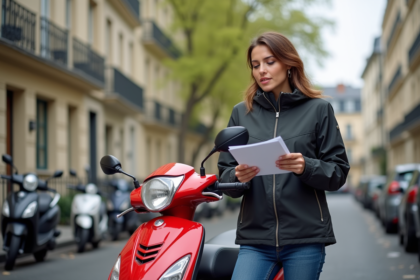 Femme en veste textile et jeans avec moto rouge à Paris