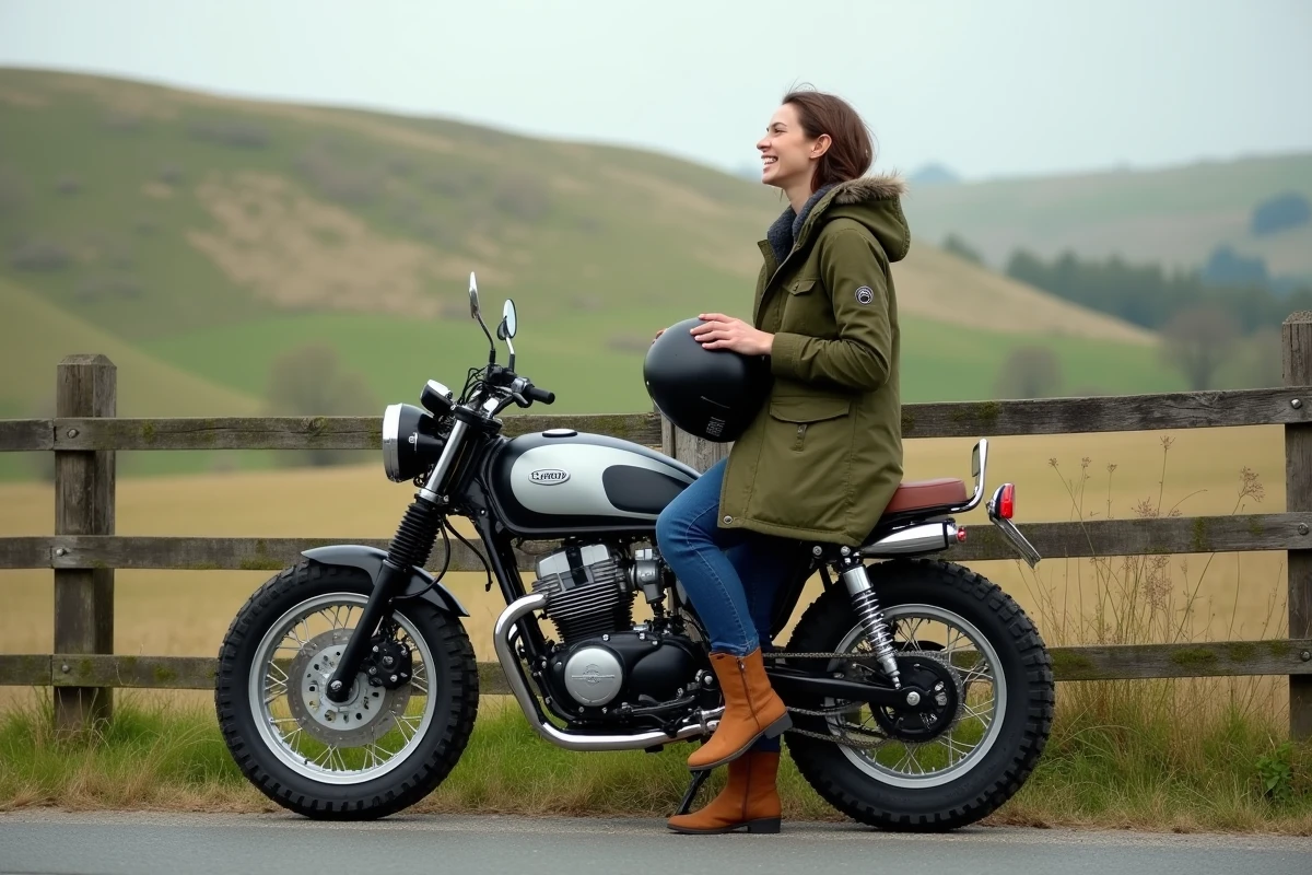 Femme en parka vert et casque à côté de sa moto rurale