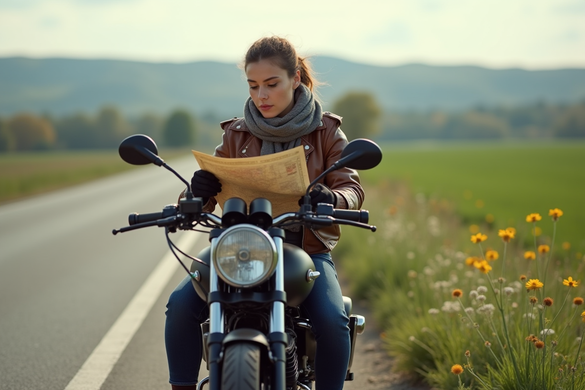 Femme en café racer sur route de campagne