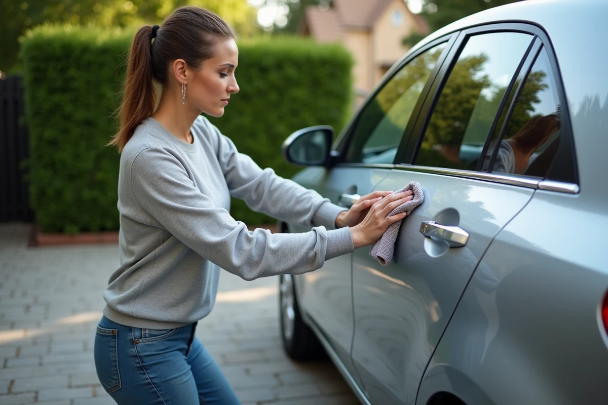 Femme appliquant un produit de soin voiture sur sa hatchback