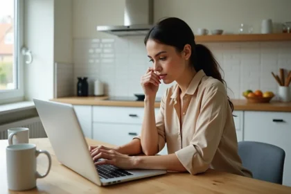 Jeune femme compare assurance auto en ligne à la maison