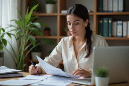 Femme organisée examinant ses papiers à domicile