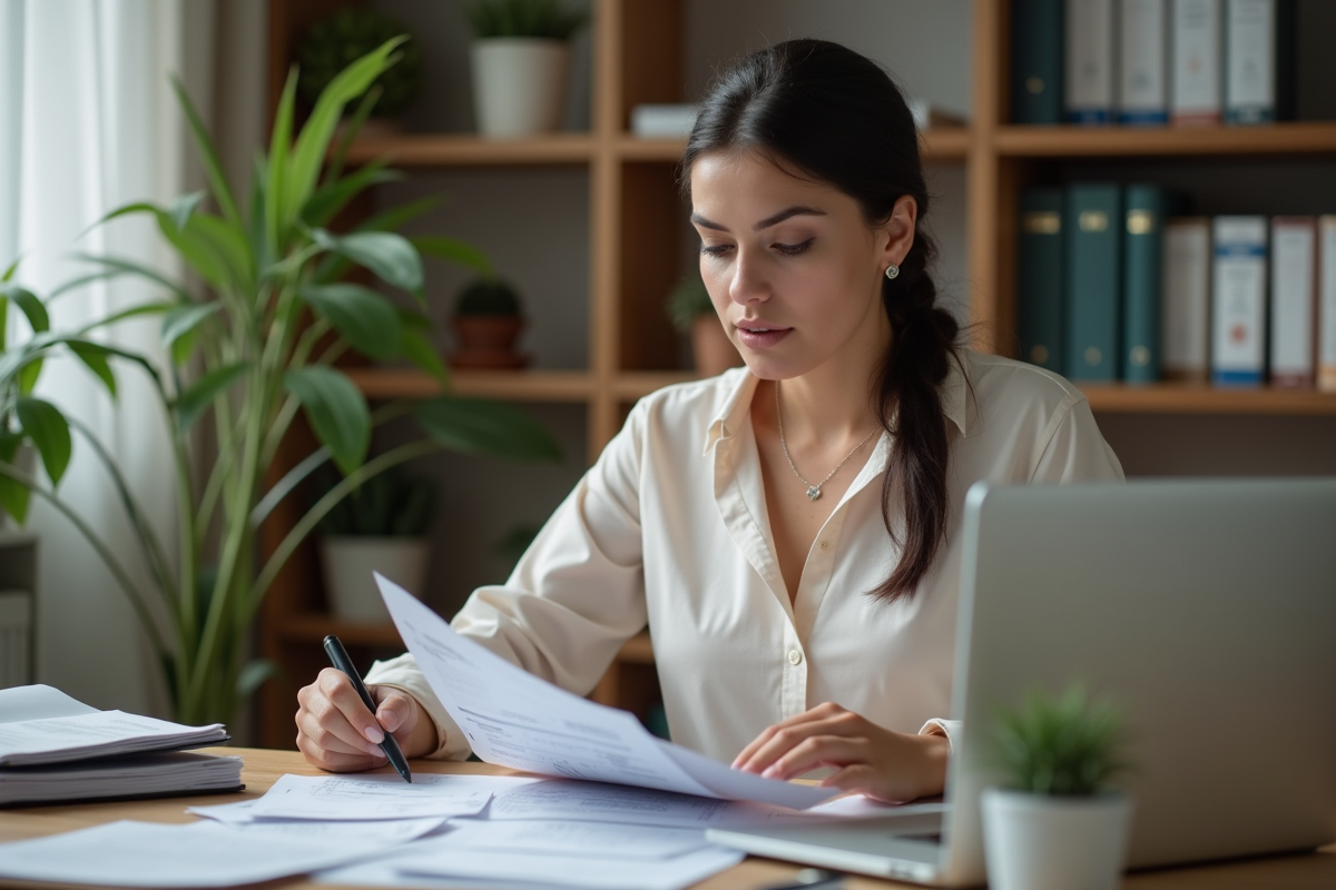 Femme organisée examinant ses papiers à domicile