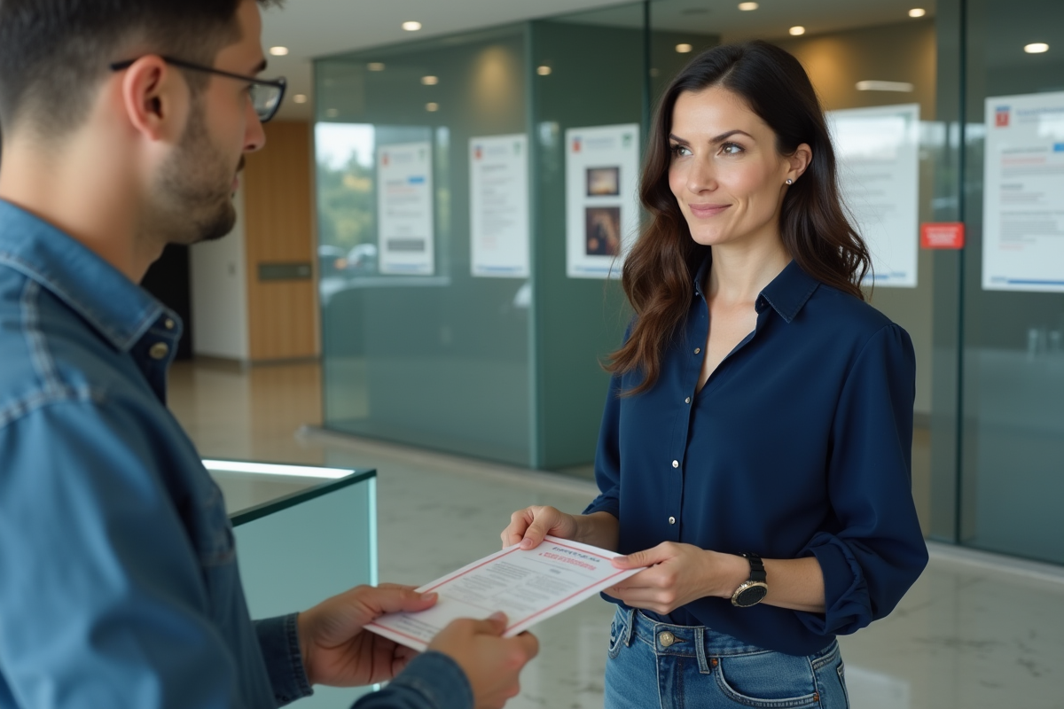 Femme remettant ses papiers d'identite à un agent dans un bureau moderne