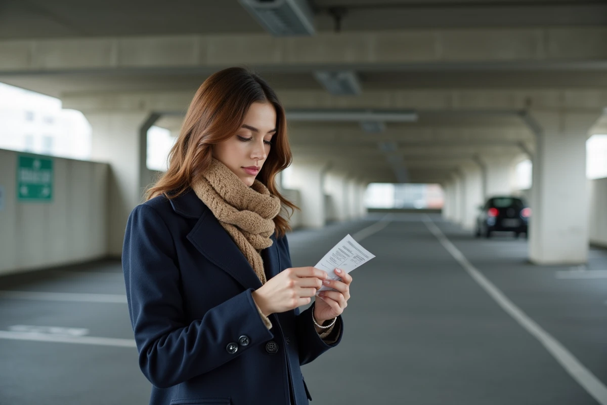 Jeune femme dans un parking examine son ticket de stationnement