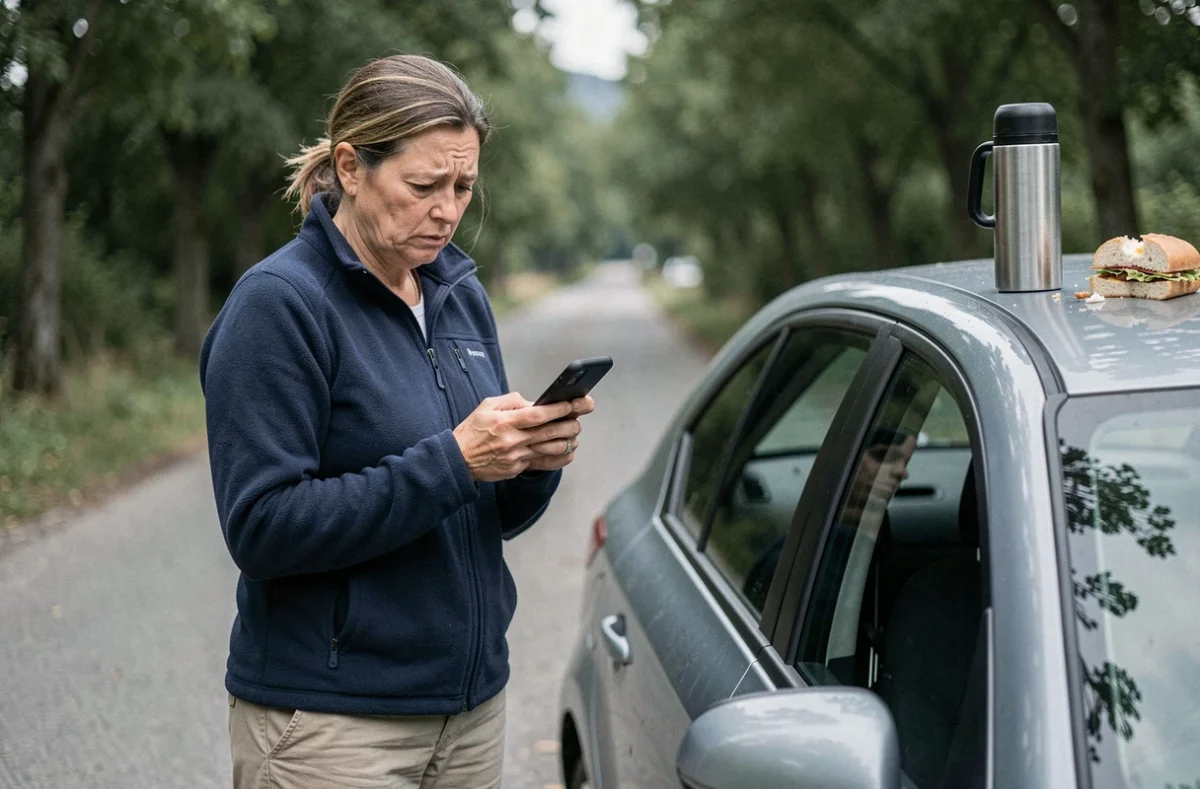 Femme perdue consultant son smartphone au bord d'une route de campagne après avoir raté un itinéraire bis pour éviter l'autoroute